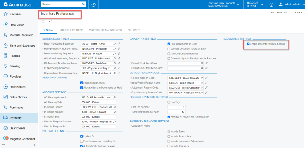 Ecommerce Settings in Inventory Preferences