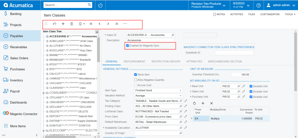 Enabling an Item Class in Acumatica for the Magento Sync