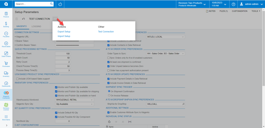 Export and Import Setup under the Action button