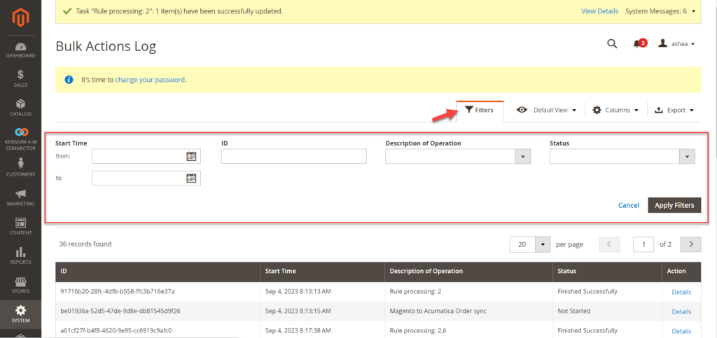 Bulk Action Logs | Kensium Products Documentation