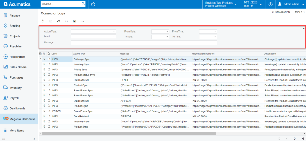 Connector Logs in Acumatica | Kensium Products Documentation
