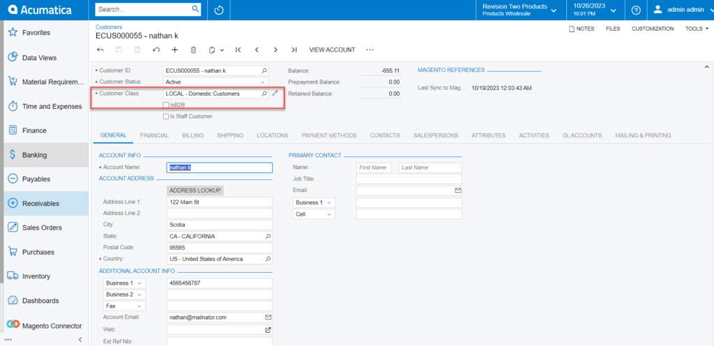 In Acumatica the Customer class is Local