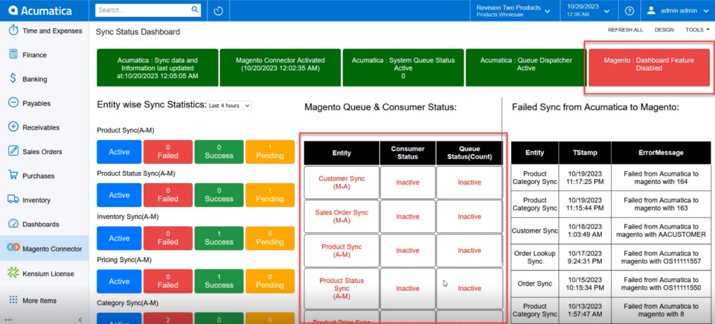 In Magento, the Dashboard feature is set to NO