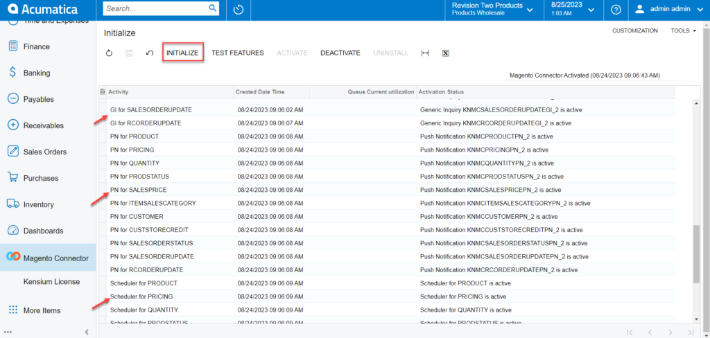 Initialize screen in Acumatica under Magento Connector