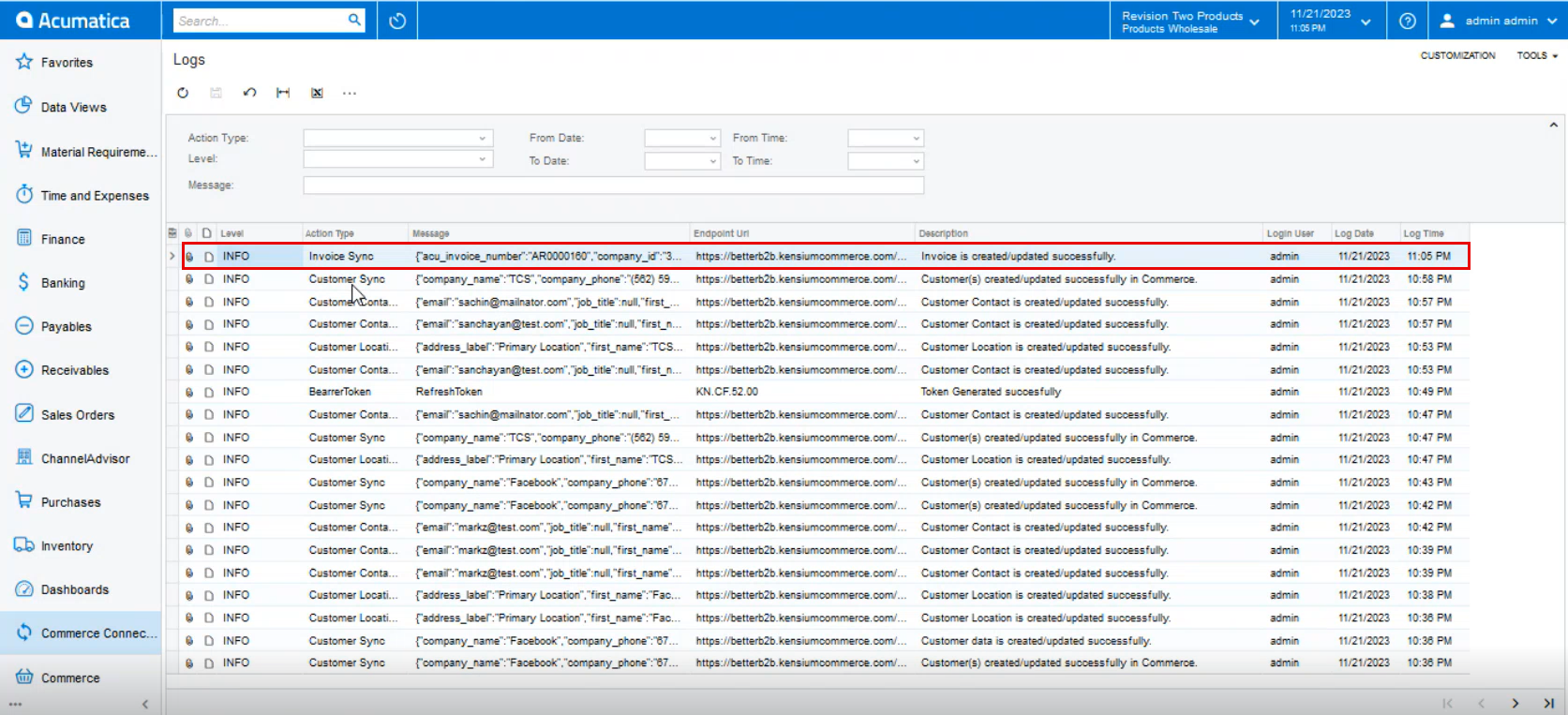 Invoice Sync in Acumatica | Kensium Products Documentation