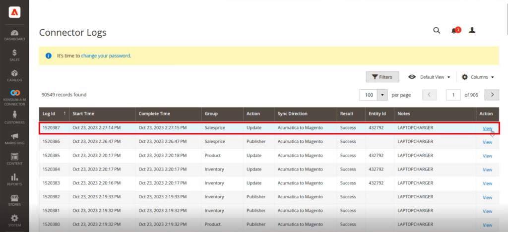 Magento Connector Log