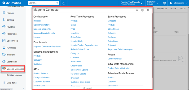 Magento Connector Workspace in Acumatica