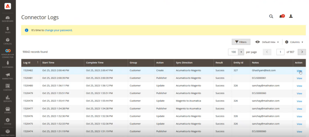 Magento connector log shows Customer