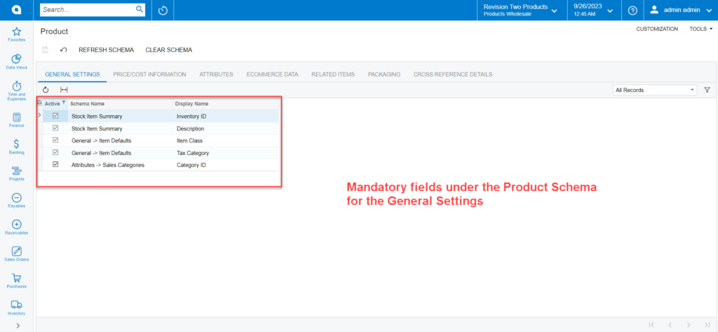 Mandatory Fields in General Setting in Product Schema