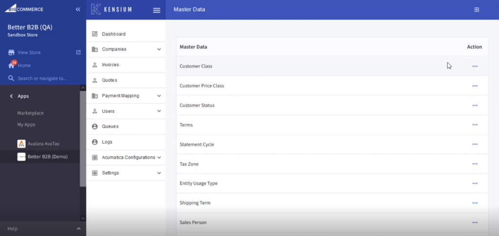 Master Data under the Acumatica Configuration in Better B2B