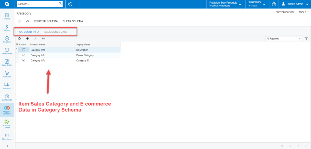 Options available under category schema