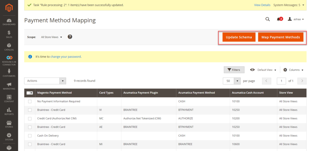 Options in the Payment method mapping