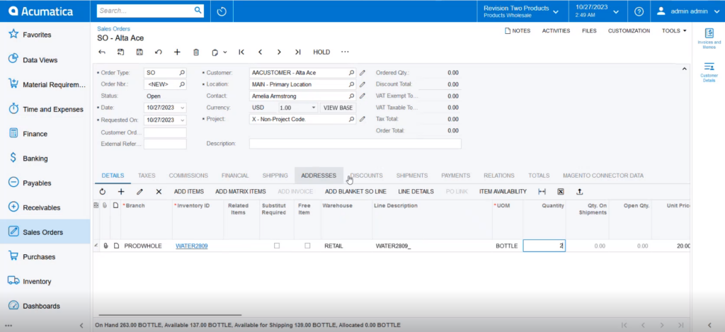 Order Creation in Acumatica