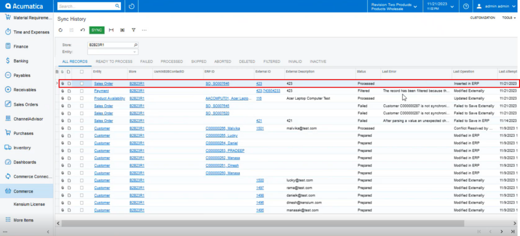 Order Synced into Acumatica