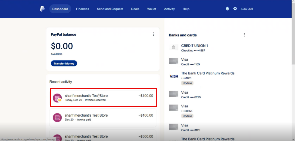 PayPal recent activity