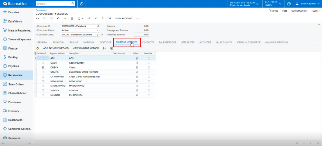 Payment method in Acumatica