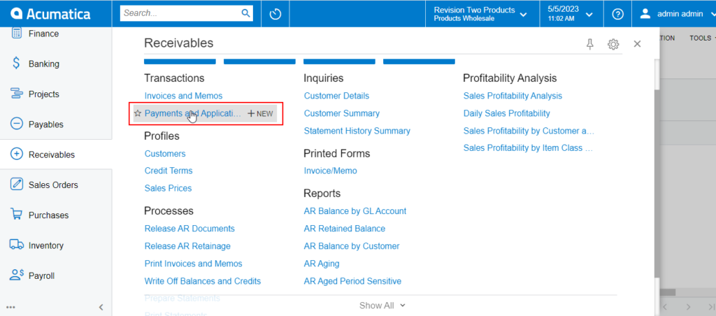 Payments and Applications under Receivables