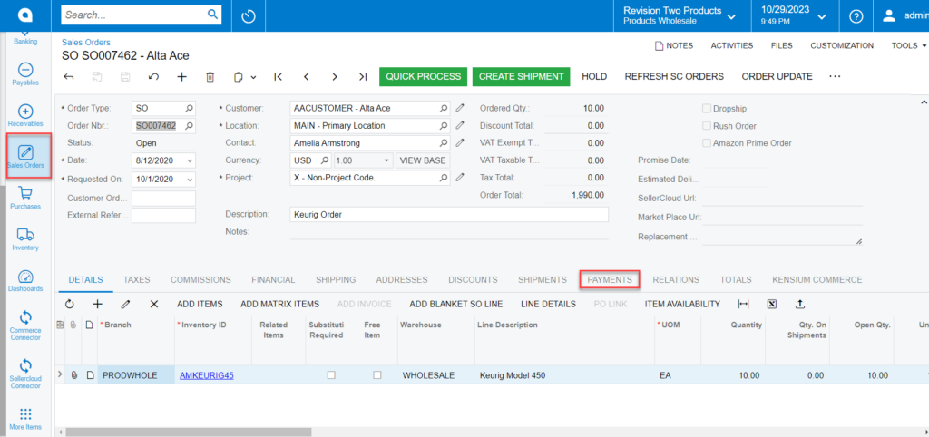 Payments sync in sales order