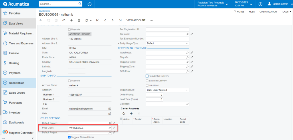 Price Class under Shipping in Acumatica