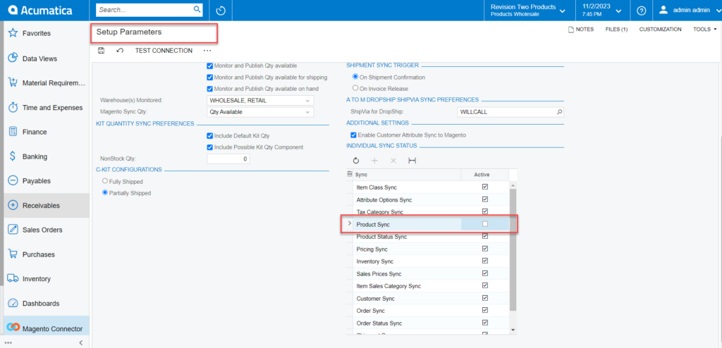 Product Sync is disabled from the Setup parameters