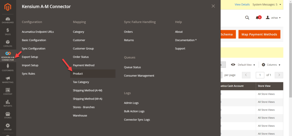 Product under the Mapping column in Magento