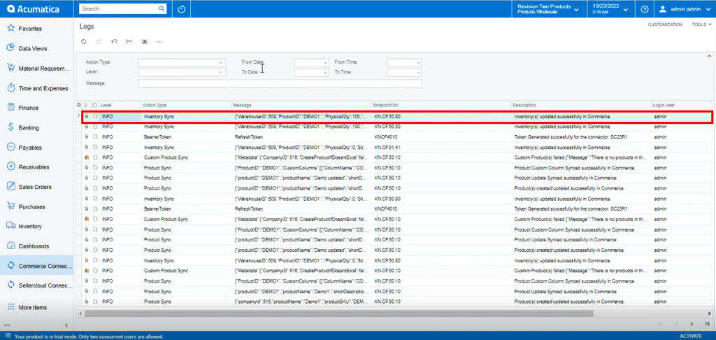 Quantity synced in logs