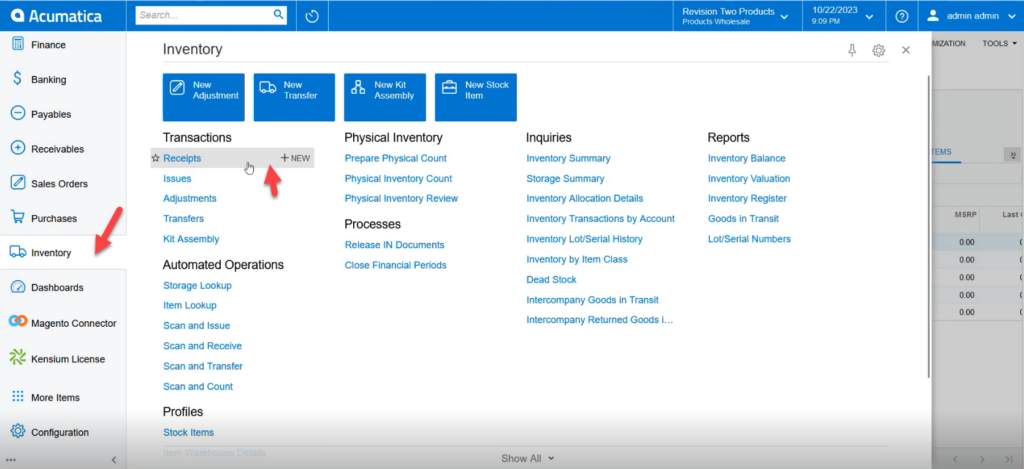 Receipt creation option in Acumatica