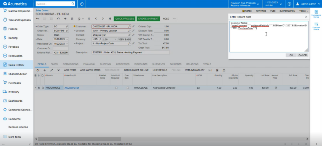 Sales Order in Acumatica