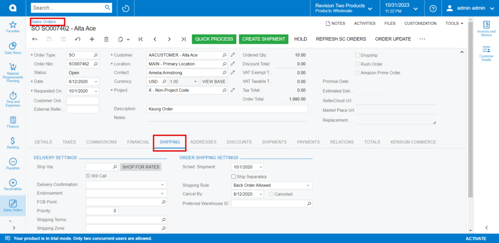 Sales order with Shipping option