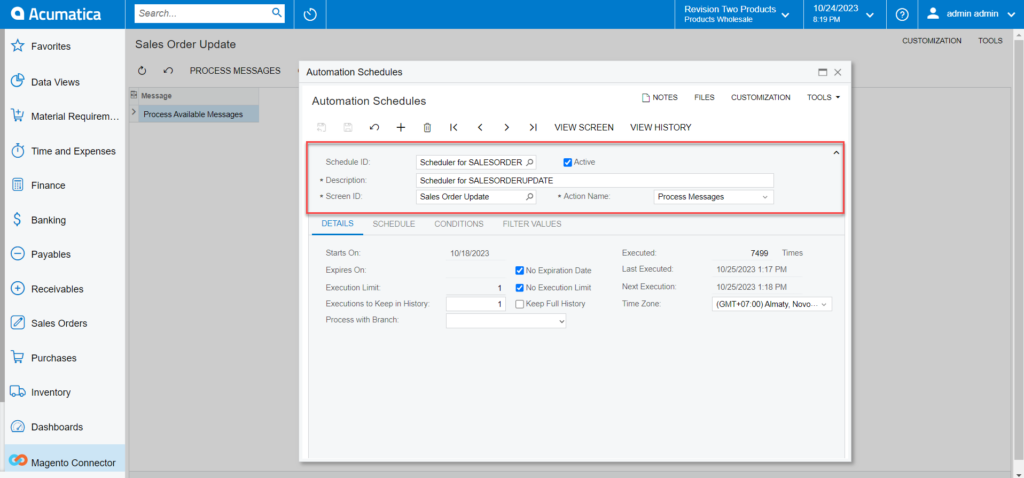 Scheduler in the Sales Order Update