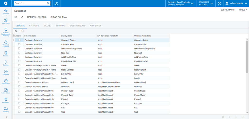 Schema Name, Display Name, API Reference Field path and API input field name