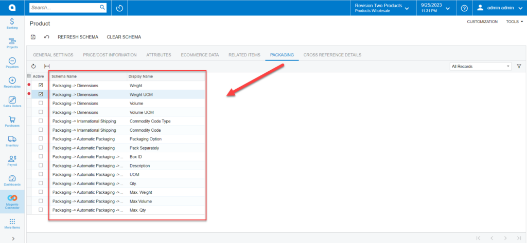 Schema Name and Display Name under the Packaging tab