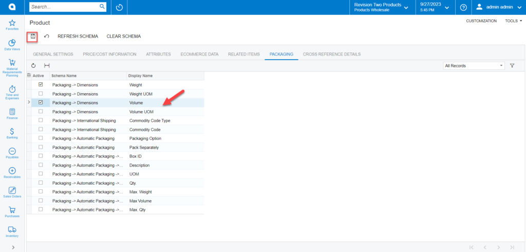 Schema selected from the Product Schema and saved