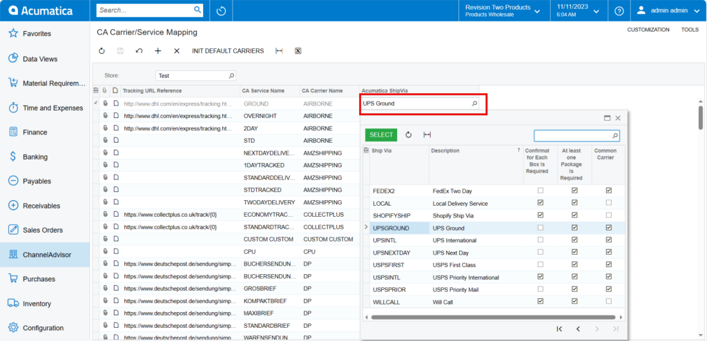 Search for Acumatica ShipVia