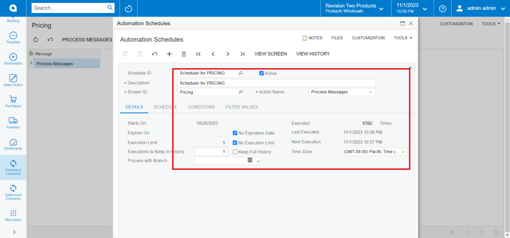 Select schedules, check box is checked