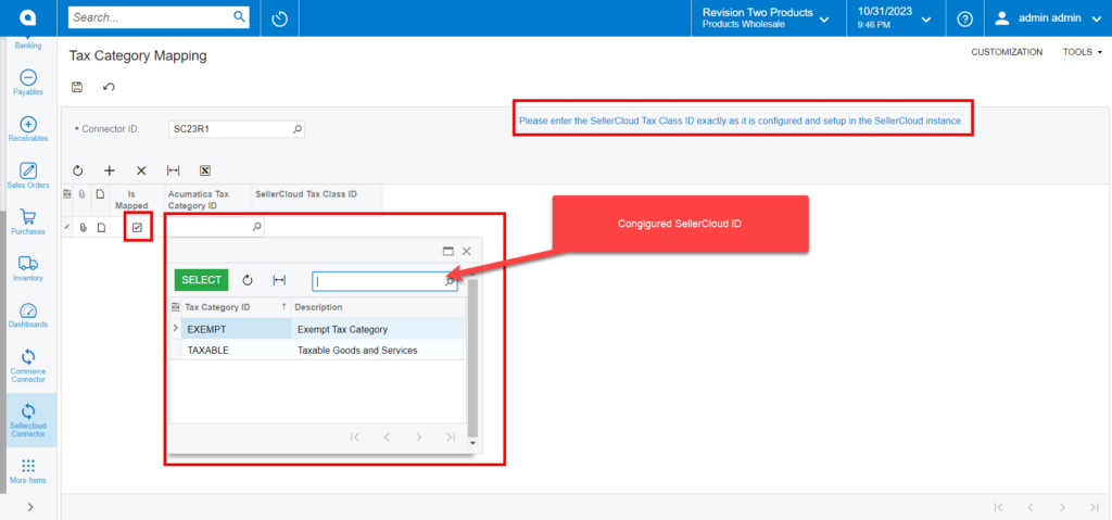 Select the Acumatica Tax Category ID