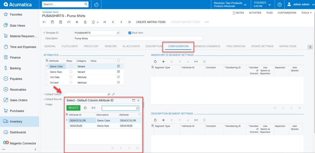 Select the Default column Attribute