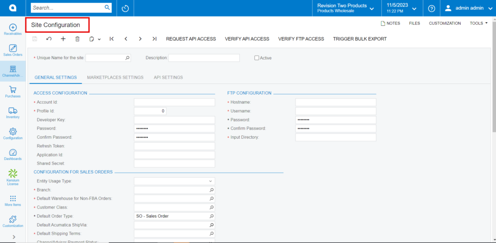 Site Configuration Screen