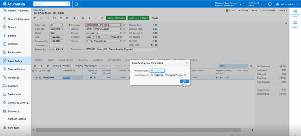 Specify the Shipment Parameters