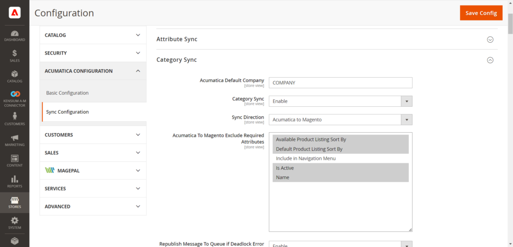 Sync Configuration window in A-M Connectors