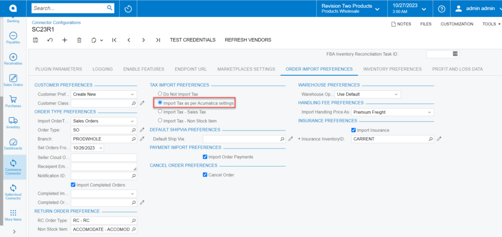 Tax Import Preferences (Import Tax as per Acumatica Settings)