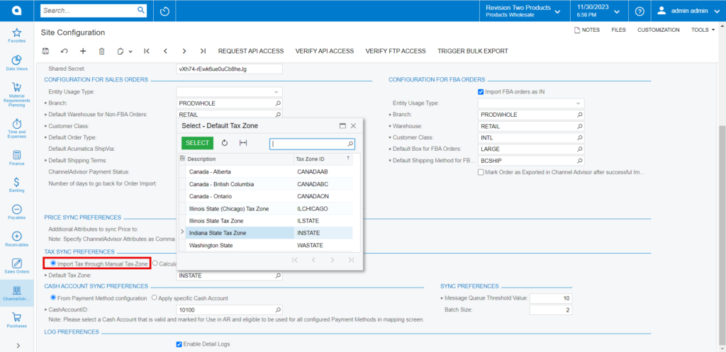 Tax Sync Preferences