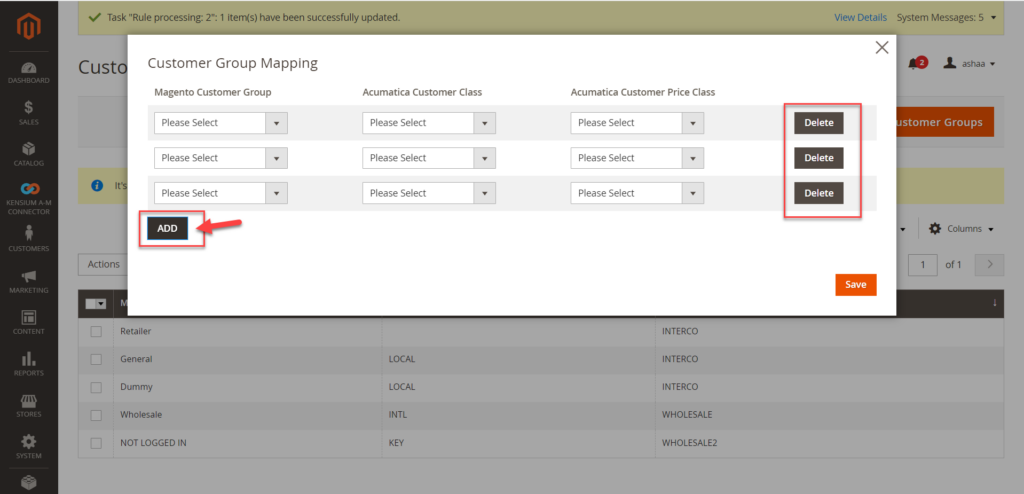 The ADD button will create multiple lines to map the customer group