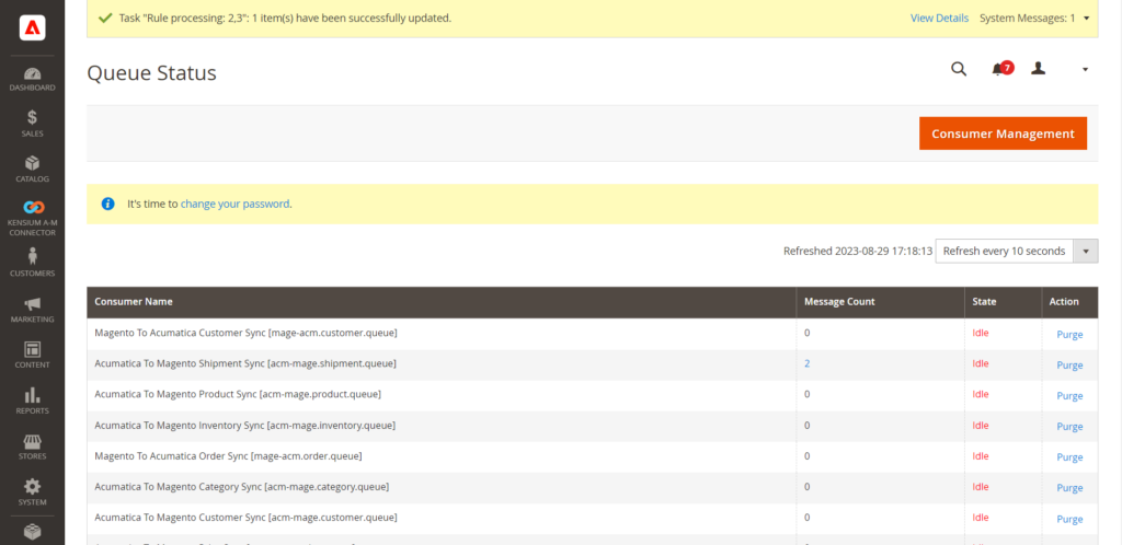 The Consumer Management screen on the Queue Status