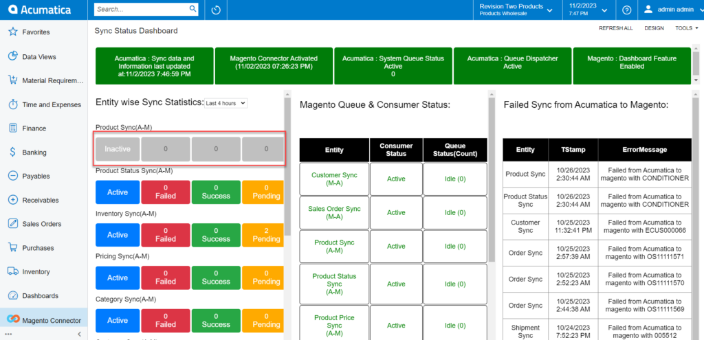 The Product Sync is disabled within Acumatica the dashboard reflects the same