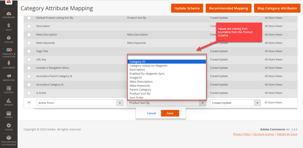 The values are populated based on the selection within the Acumatica Product Schema