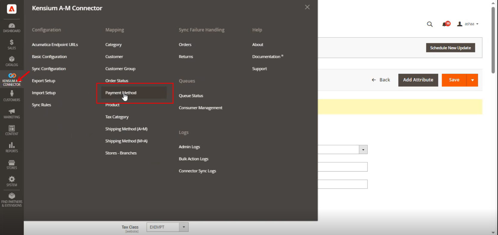 Order Sync with M-A with Payment Method | Kensium Products Documentation