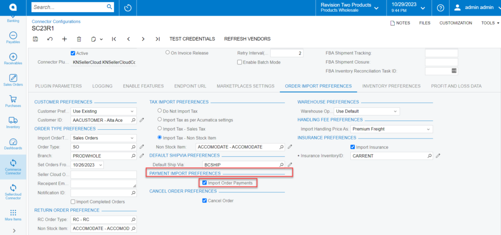 Toggle Payment Import Preferences