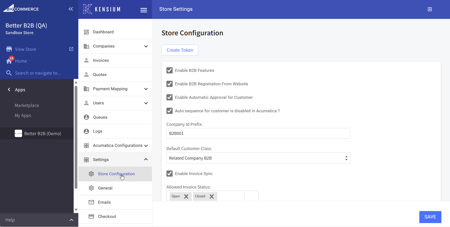 Store Configuration under Settings