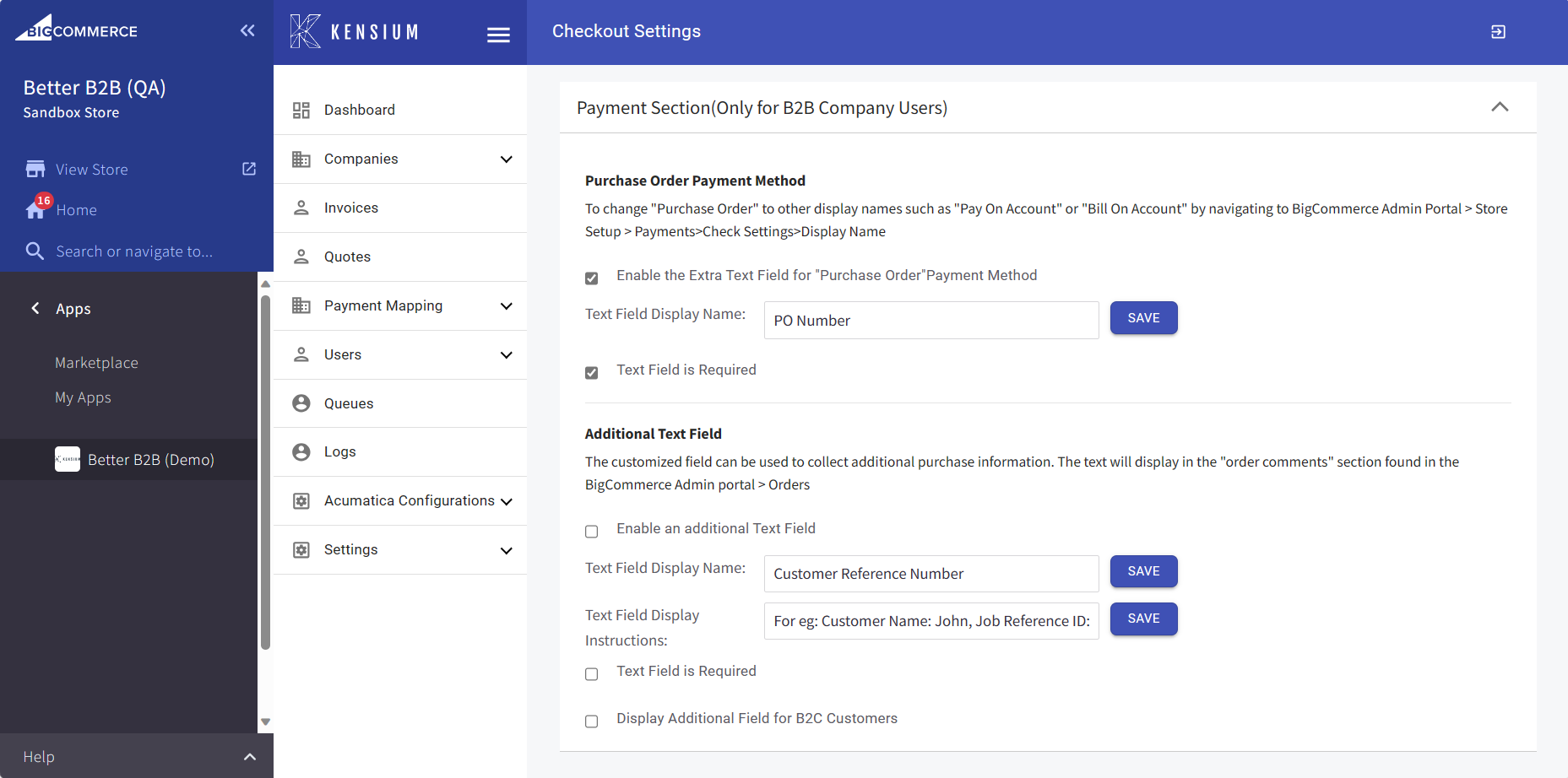 Checkout Settings page